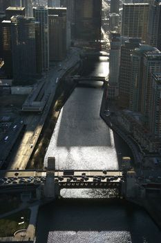 Aerial view of river with bridges in Chicago, Illinois.