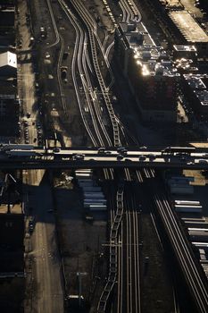 Aerial view of highway overpass and railroad tracks in Chicago, Illinois.