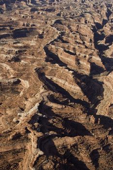 Aerial of desert canyon in Canyonlands National Park in Utah, USA.