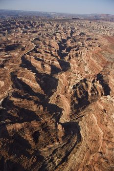 Aerial of southwest desert canyon in Canyonlands National Park in Utah, USA.