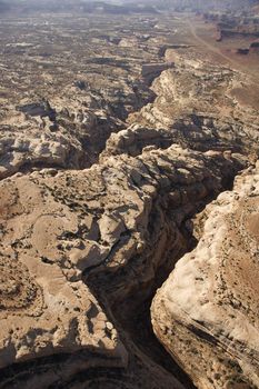 Aerial of southwest desert canyon in Canyonlands National Park in Utah, USA.