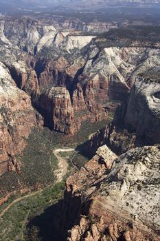 Aerial of desert canyon and river gorge in Utah, USA.