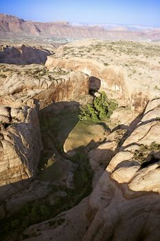 Aerial of desert canyon landscape in Utah, USA.