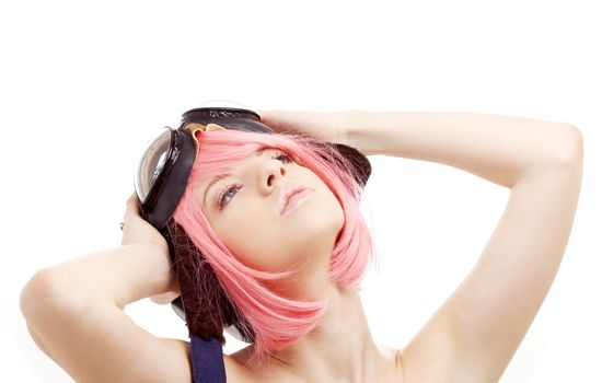 daydreaming pink hair girl in aviator helmet over white