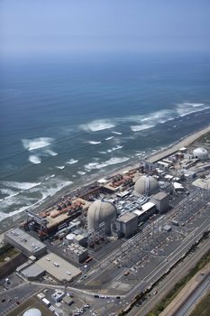 Aerial of nuclear power plant on California coast, USA.