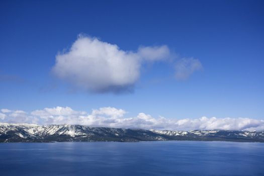 Aerial landscape lake and mountains at Lake Tahoe, Nevada, USA.