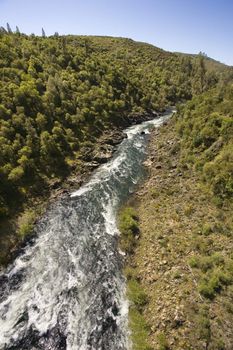 Aerial of South Fork American River flowing scenic landscape in California, USA.