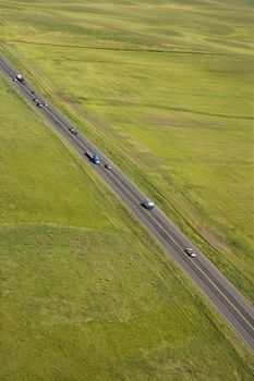 Aerial of rural highway, USA.