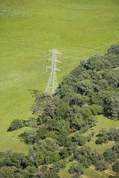 Aerial of landscape with power line.