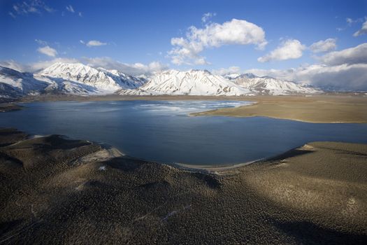 Aerial landscape of lake and mountains at Lake Crowley, California.