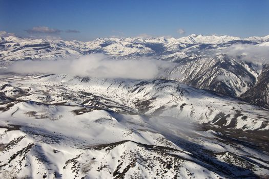 Aerial landscape of snow covered mountain range in Sweetwater Mountains, California, USA.