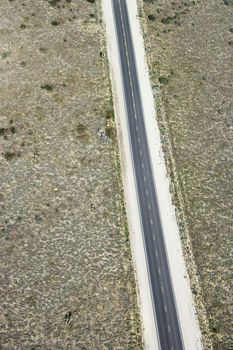 Aerial of rural highway through Mojave, California, USA.