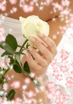 beautiful woman hand with rosebud surrounded by rendered flowers