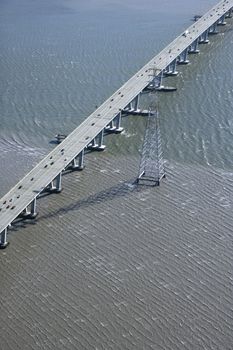 Aerial of Dumbarton Bridge over the San Francisco Bay in Newark, California, USA.