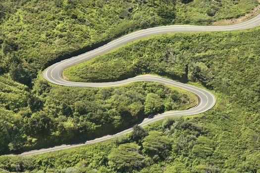 Aerial of winding country road Shoreline Highway in California, USA.