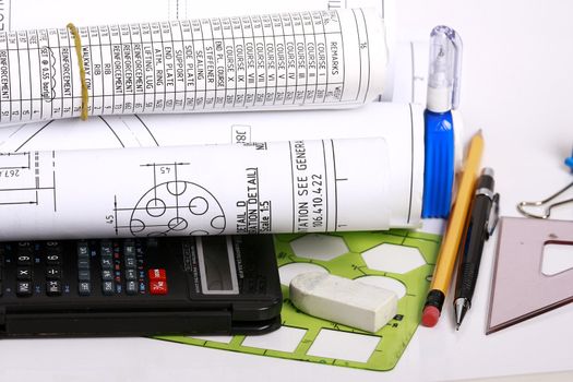 Engineering Tools set - blueprints,eraser,templates,calculator and pencil.