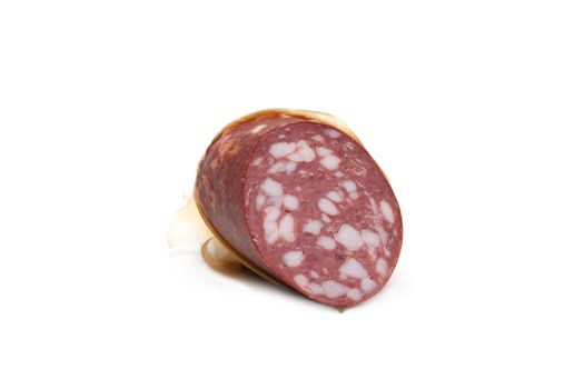 Piece of the cleaned sausage insulated on white background