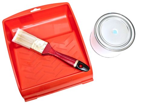 palette, bristle and color can against the white background