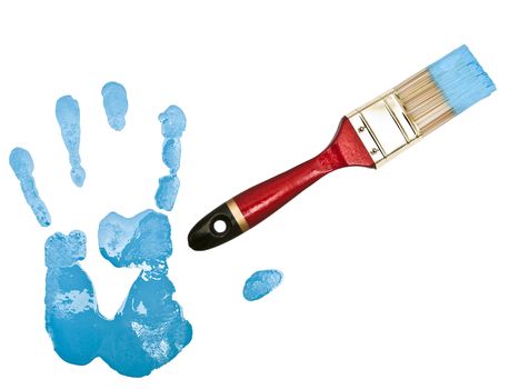 hand print near bristle in blue against the white background