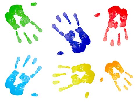 abstract multicolored hand prints at white