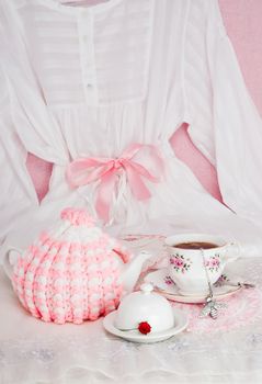 Mothers Day or feminine celebration with tea in bed