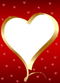 Golden heart-frame with "copy space" at the red background with little hearts