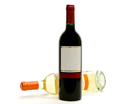 red and white wine bottles against the white background