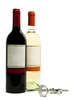 red and white wine bottles with corkscrew against the white background