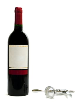 red wine bottles with corkscrew against the white background