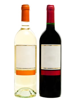 two bottles red and white wine against the white background