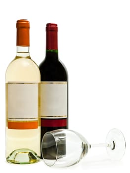  bottles of the white and red wine with wineglass against the white background