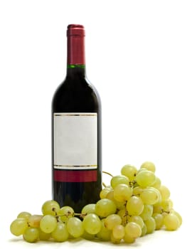 bottle of red wine with vine against the white background