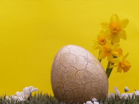 easter egg with drarf daffodils on artificial grass and blossoms, yellow background