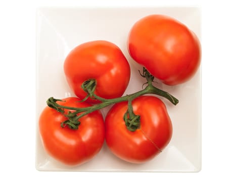 red tomatoes vine in plate against the white background