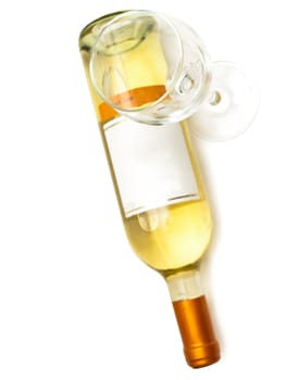  bottle of the white wine with wineglass against the white background