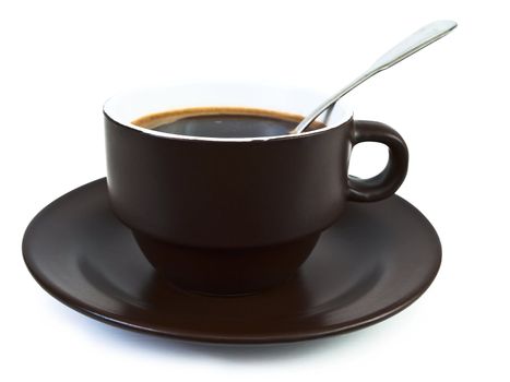 brown color cup of coffee with spoon in it over the white background