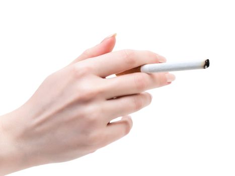 cigarette in the woman hand over the white backgroubd