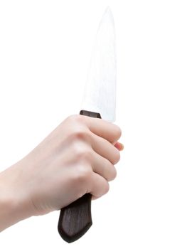 kitchen knife in the woman hand against the white background