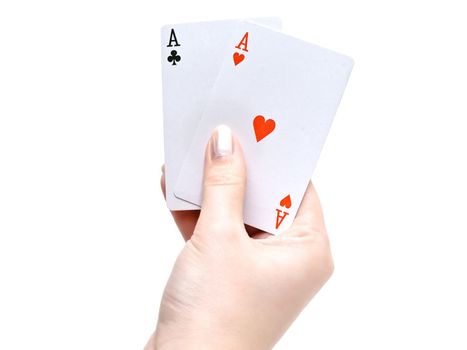 playing cards in the woman hand against the white background