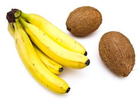 Photo of the coconut and banana against the white background