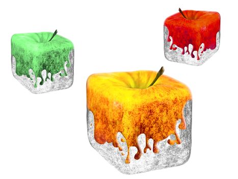 three multicolored square apples over the white background