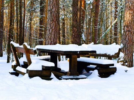 table under snow in winter forest