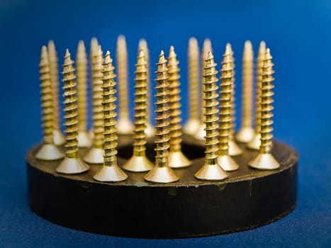 screws at magnet against the blue background