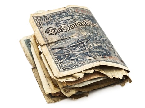 different old paper currency over the white background 