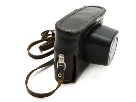 photographic camera in the black leather case