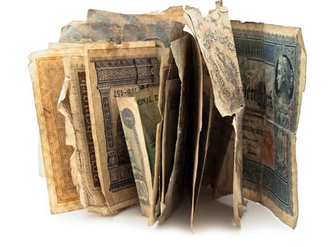 different old paper currency over the white background 