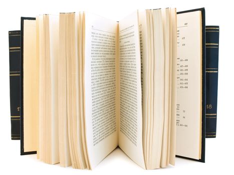 open book against the books row at the white background