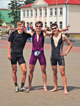 Group of competition participants of  a  triathlon