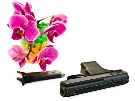 gun with pink orchid flower in glass at the background 