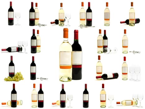 red and white wine bottles against the white background